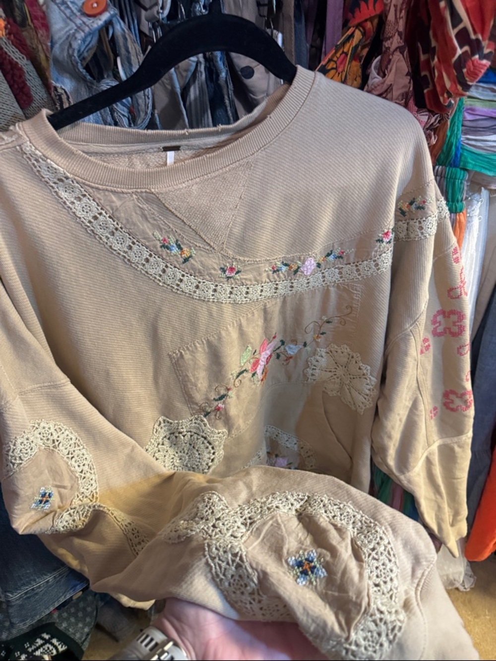 Free People Beige Crochet & Embroidered Pullover Sweatshirt - Picture 2 of 5
